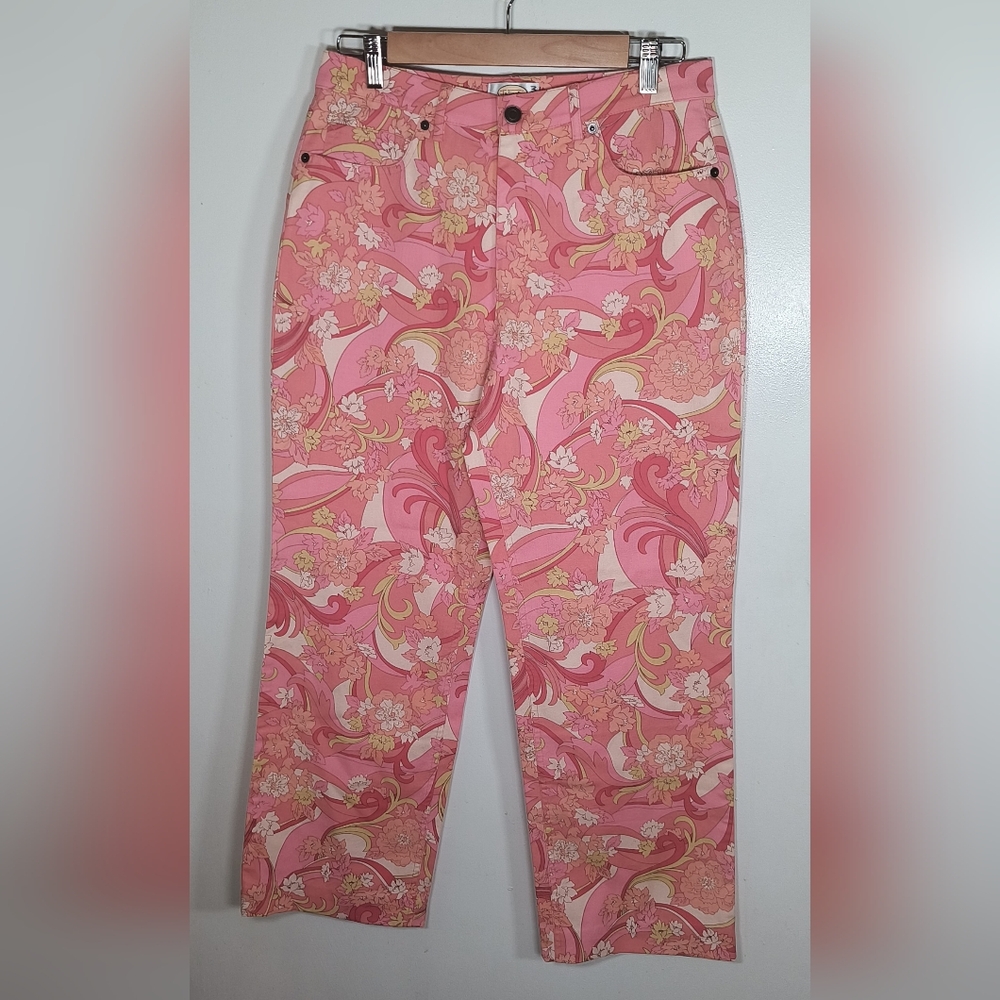 Talbots Straight Leg Floral Print Pink and Yellow Stretch Pants Size 10 Petite